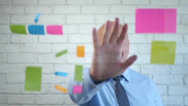 Businessman in Conference Room Smile and Put His Hand on the Glass Panel — Stock Video