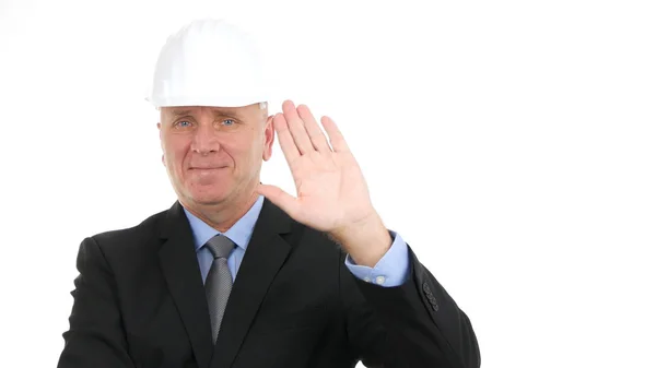 Gelukkig ingenieur beeld maken Hello hand gebaren in een vergadering — Stockfoto