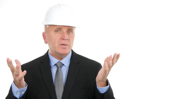 Beeld met ingenieur praten en Gesturing in een zakelijke bijeenkomst — Stockfoto