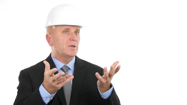 Beeld met ingenieur praten en Gesturing in een zakelijke bijeenkomst — Stockfoto