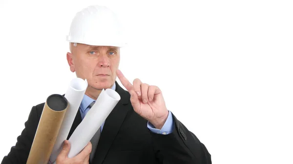 Изображение с бизнесменом в жесткой шляпе без указателя пальца — стоковое фото