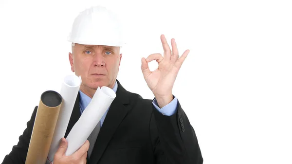 Serieuze ingenieur beeld Maak een zelfverzekerde OK hand gebaren — Stockfoto