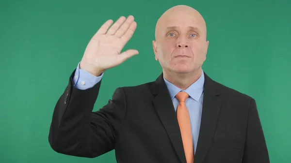 Businessman Image Making Hello Hand Gestures with Green Background