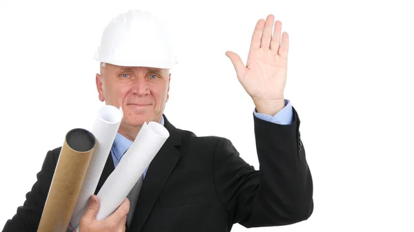 Image with Engineer Smiling and Making a Hello Hand Gestures Royalty Free Stock Images