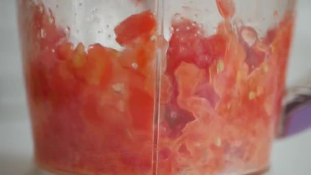 Tomaten in plakjes gemengd in een blender bereid voor het koken — Stockvideo