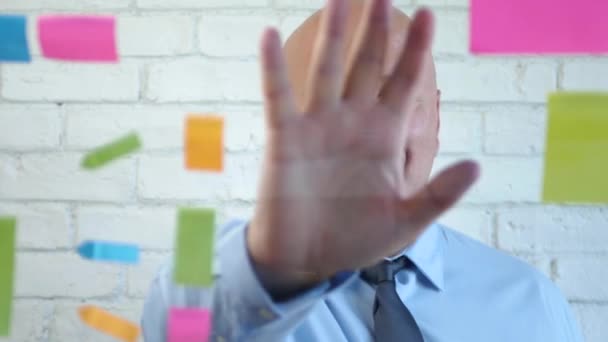 Businessman in Conference Room Smile and Put His Hand on the Glass Panel — Stock Video