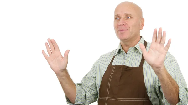 Smiling Person With Apron Make Hello Hand Gestures — Stock Photo, Image