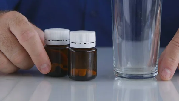 Closeup Image with Man Hands Taking from the Table Medical Pills — 스톡 사진