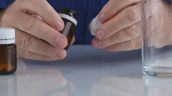 Closeup Image with Man Hands Taking from the Table Medical Pills — 스톡 사진