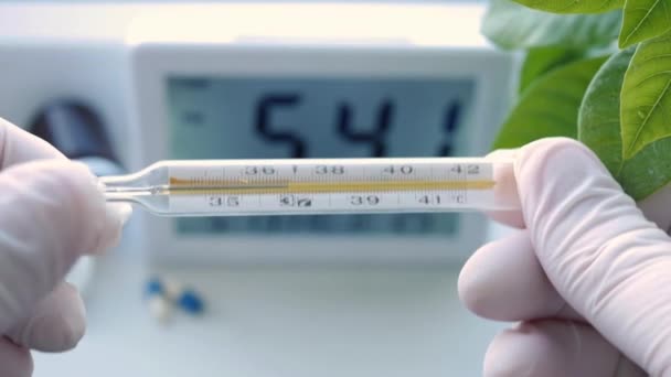 Dokter dragen van beschermende handschoenen Houd in handen een thermometer gebruikt voor het testen van de menselijke lichaamstemperatuur — Stockvideo