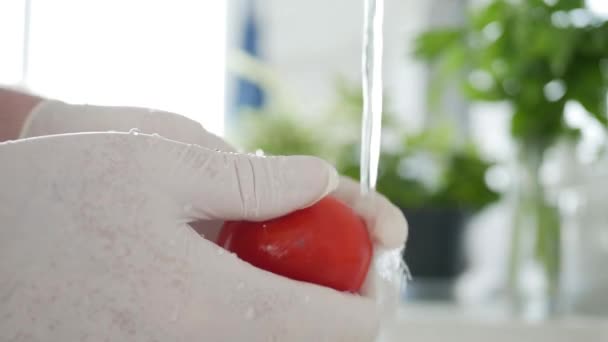 Mann in der Küche mit Handschuhen an den Händen wäscht eine frische Tomate mit sauberem Wasser — Stockvideo