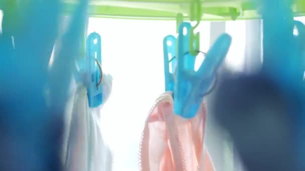 Wet Clothes Cleaned with Laundry Machine Hanging to Dry — Stock Video