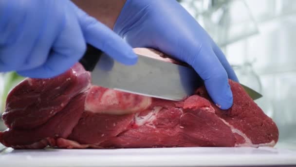 O açougueiro corta a carne fresca em porções usando uma faca de açougueiro afiada — Vídeo de Stock