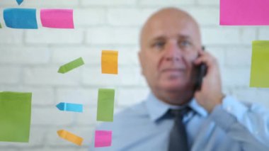 Bir İşadamının Telefonla Konuşması ve Yapışkan Notlarla Saydam Bir Tahtanın Arkasında Hareket Etmesi Görüntü Bulanıklığı