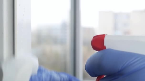 Slow Motion Man Hands with Blue Gloves Cleaning a Window Using Sprayed Liquid Disinfecting Against COVID-19 Contamination — Stock Video