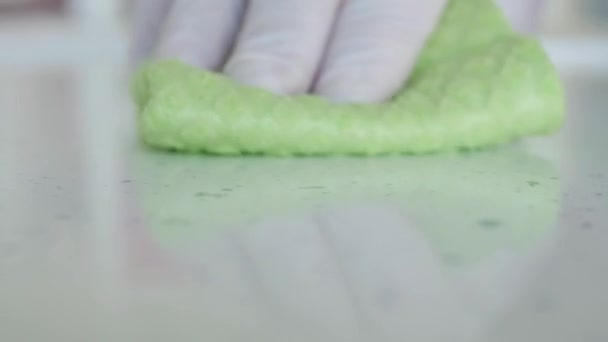 Closeup Image with Hands Wearing White Protective Household Gloves Who Cleans and Disinfects Kitchen Furniture — Stock Video