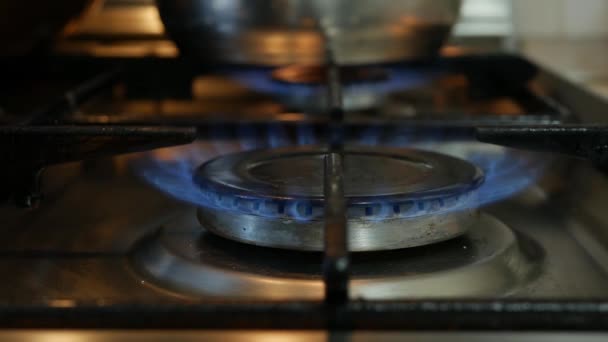 Close-up met blauwe vuur vlammen van keuken gasfornuis — Stockvideo