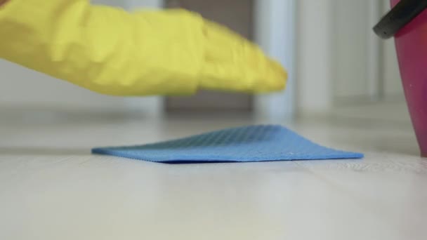 Huishoudster draagt beschermende handschoenen Reiniging Dirty Floor in een kamer met schone doekjes — Stockvideo