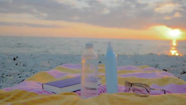 Strand accessoires, een fles water, handdoek, zonnebril, zonnebrandcrème en een boek — Stockvideo