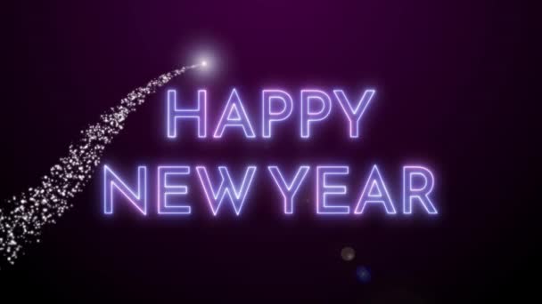 Feliz Año Nuevo saludo texto con una llamarada de luz sobre un fondo negro . — Vídeos de Stock
