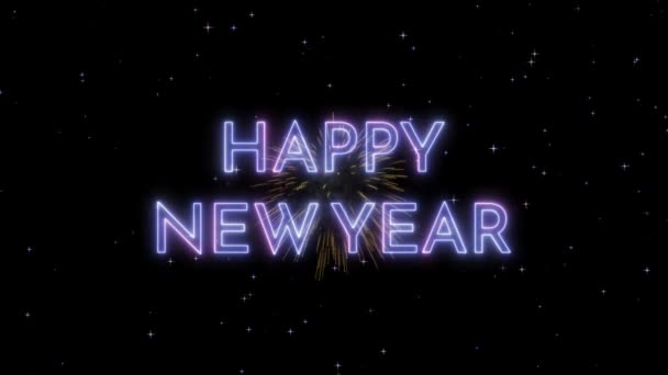 Happy New Year greeting text with stars and fireworks on a black night sky. — Stock Video