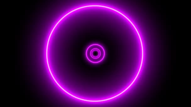 Volo attraverso un tunnel futuristico con cerchi luminosi al neon rosa . — Video Stock