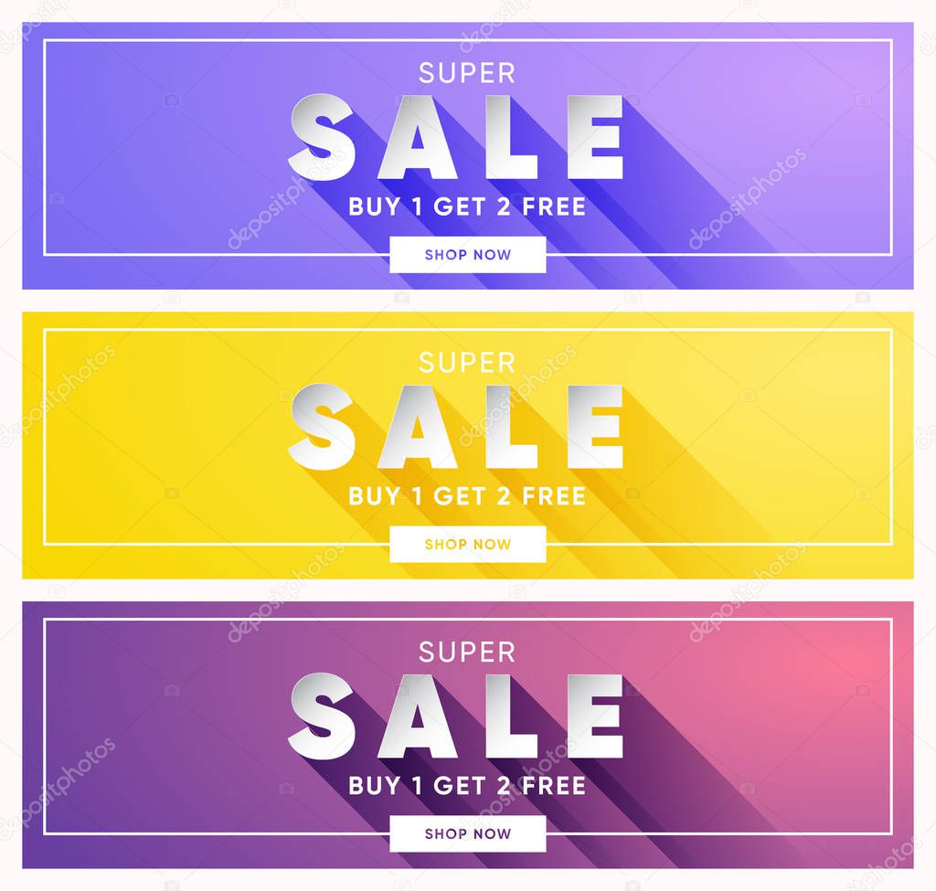 Set of three horizontal banners, dual gradient background, can be used as poster or flyer, long shadow