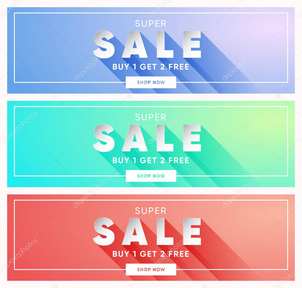 Set of three horizontal banners, dual gradient background, long shadow
