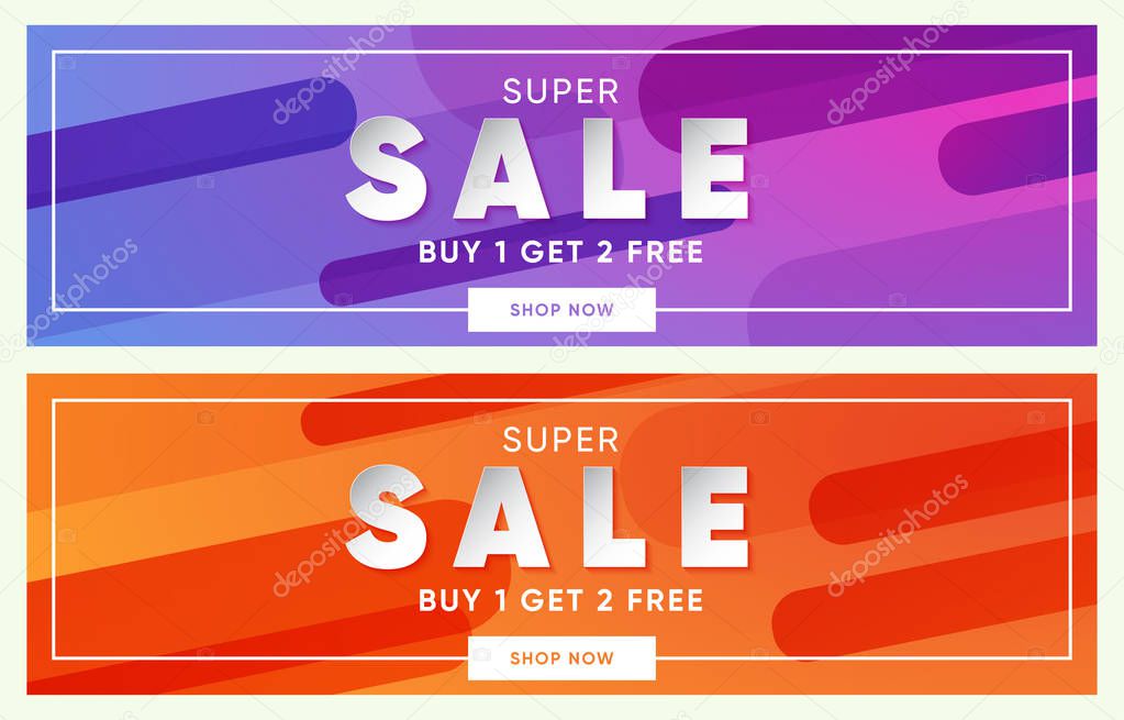 Set of two horizontal banners, orange and purple dual gradient background, long shadow