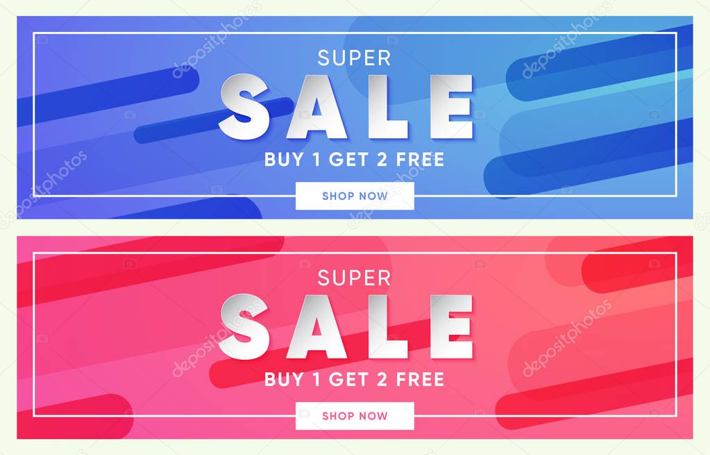 Set of two horizontal banners, blue and pink dual gradient background, long shadow