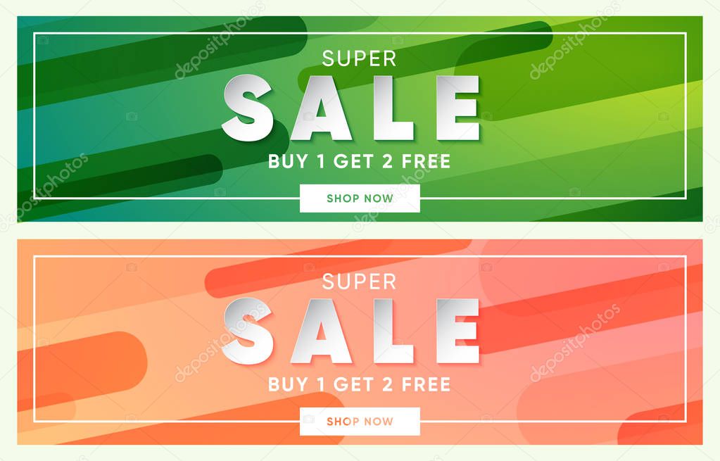 Set of two horizontal banners, green and peach dual gradient background, long shadow