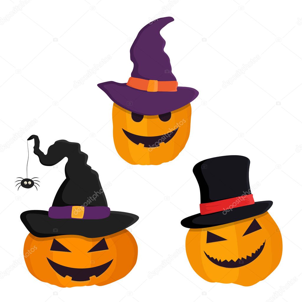 Set of Halloween pumpkin heads in hat, pumpkin faces emotion, can be used as stickers