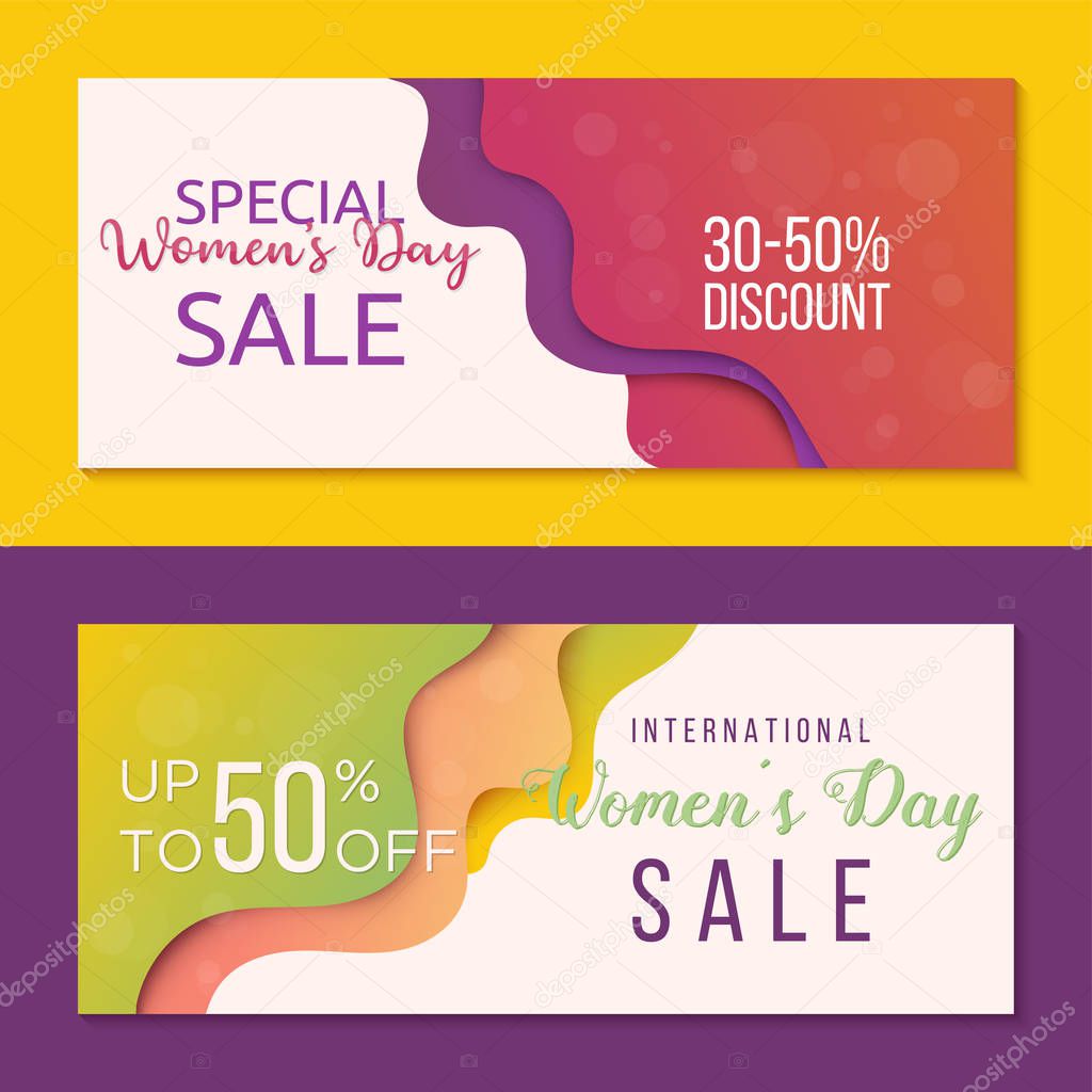 Collection of two horizontal banners to Womens Day. Sale banner templates for your business. Creative design in papercut technique