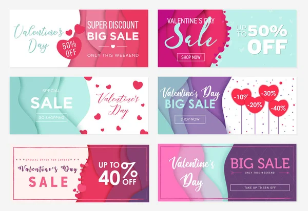Colección Seis Plantillas Banners Venta Para Día San Valentín Ofertas — Vector de stock