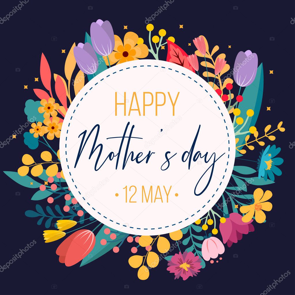 Happy Mothers Day greeting card template for business, floral background. Can be used as invitation card