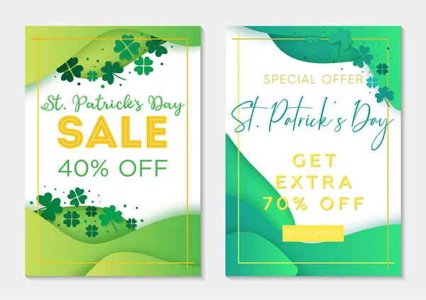 Conjunto de dos ofertas para el Día de San Patricio. Plantillas estilo corte de papel con tréboles — Vector de stock