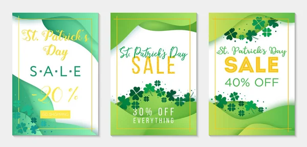 Colección de tres plantillas de banners de venta para el Día de San Patricio. Estilo de corte de papel, fondos verdes — Vector de stock