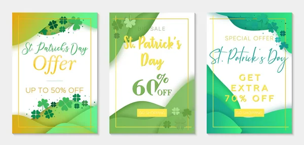 Sammlung von drei Gutscheinen zum Tag der Patricks. Grüner Papierschnitt mit Kleeblättern — Stockvektor