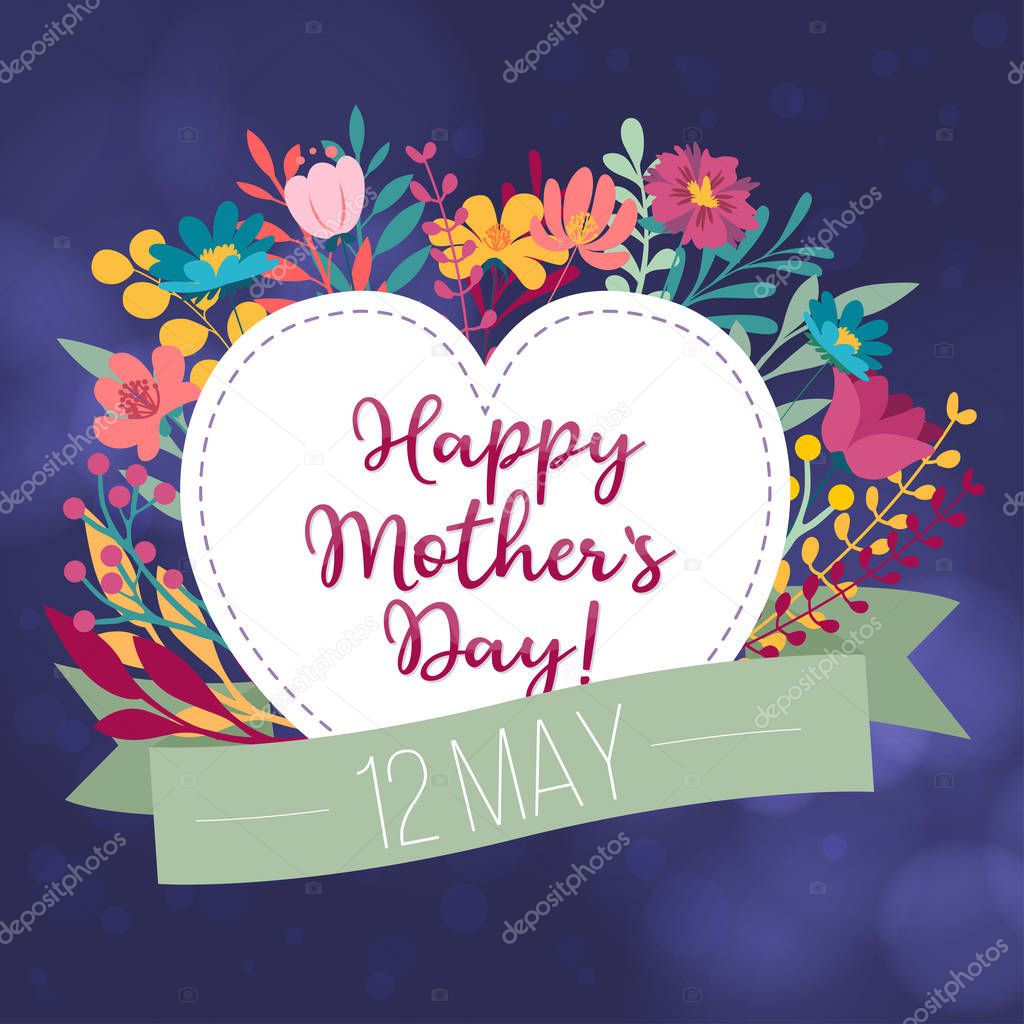 International Mothers Day greeting card template, floral blurred background