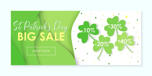 Banner horizontal de la venta grande al día de St Patricks, descuento estupendo — Vector de stock