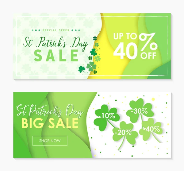 Conjunto de dos banners horizontales de descuento para el Día de San Patricio. Concepto de diseño con fondos de corte en papel verde — Vector de stock