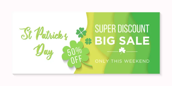 Banner horizontal de gran venta de súper descuento para el Día de San Patricio — Vector de stock