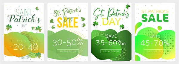 Pack de cuatro cupones de descuento Saint Patricks Day, plantillas con fondos de gradiente verde — Vector de stock