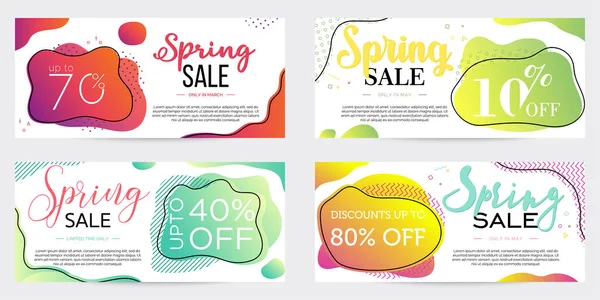 Pack de cuatro banners de venta, plantillas para vacaciones de primavera, coloridas formas líquidas de doble gradiente sobre fondo Vector De Stock