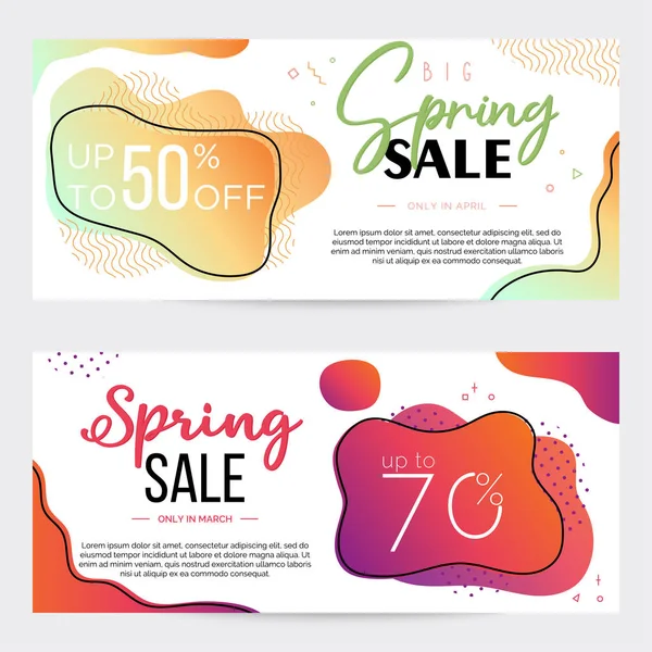 Conjunto de dos ofertas de primavera, coloridas formas líquidas de doble gradiente sobre fondo, plantilla para negocios y vacaciones Ilustración De Stock