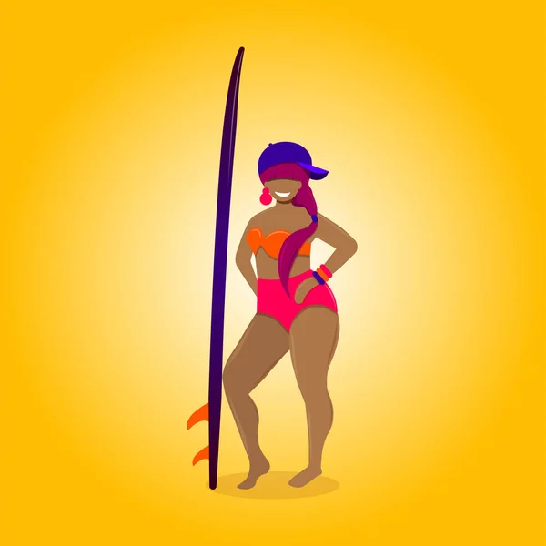 冲浪女孩的例证 穿着比基尼的年轻女人站在阳光灿烂的海滩上 她有桨板或冲浪板 暑假的概念 爱你的身体 — 图库矢量图片