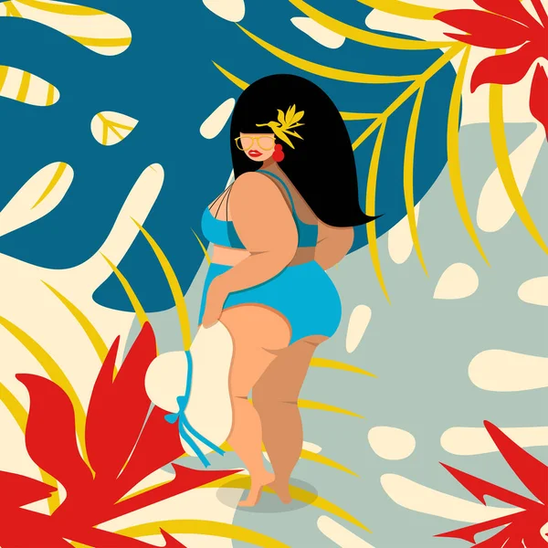 Size Fat Girl Swimwear Colorful Background Happy Body Positive Concept — Stock Vector