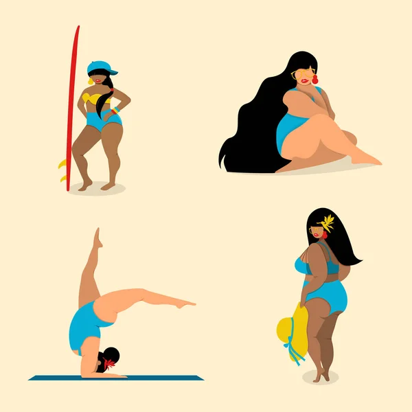 Illustration Vectorielle Femmes Positives Multiraciales Vêtues Maillots Bain Isolés Sur — Image vectorielle