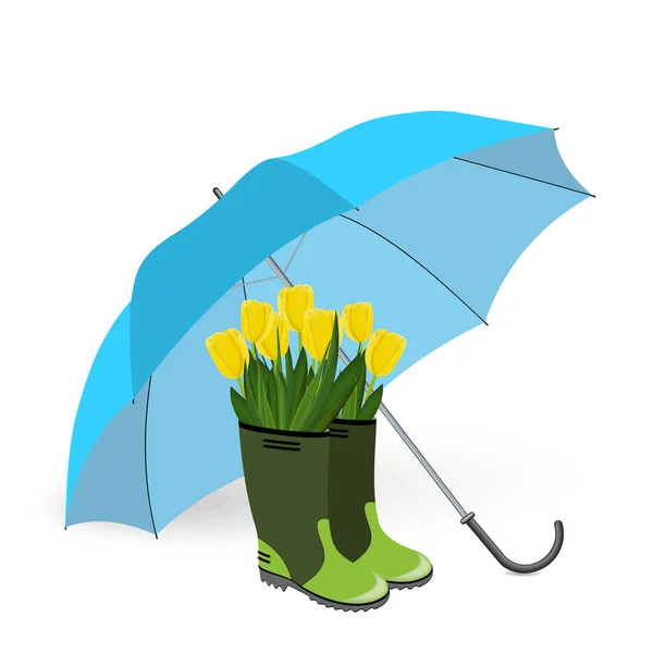 Beautiful Tulips Rubber Boots Umbrella White Background Vector Illustration — Stock Vector