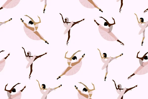 Seamless cute pattern with  African American and European ballet dancers ,young ballerinas in tutu and pointe shoes dancing individually on a white background. 
